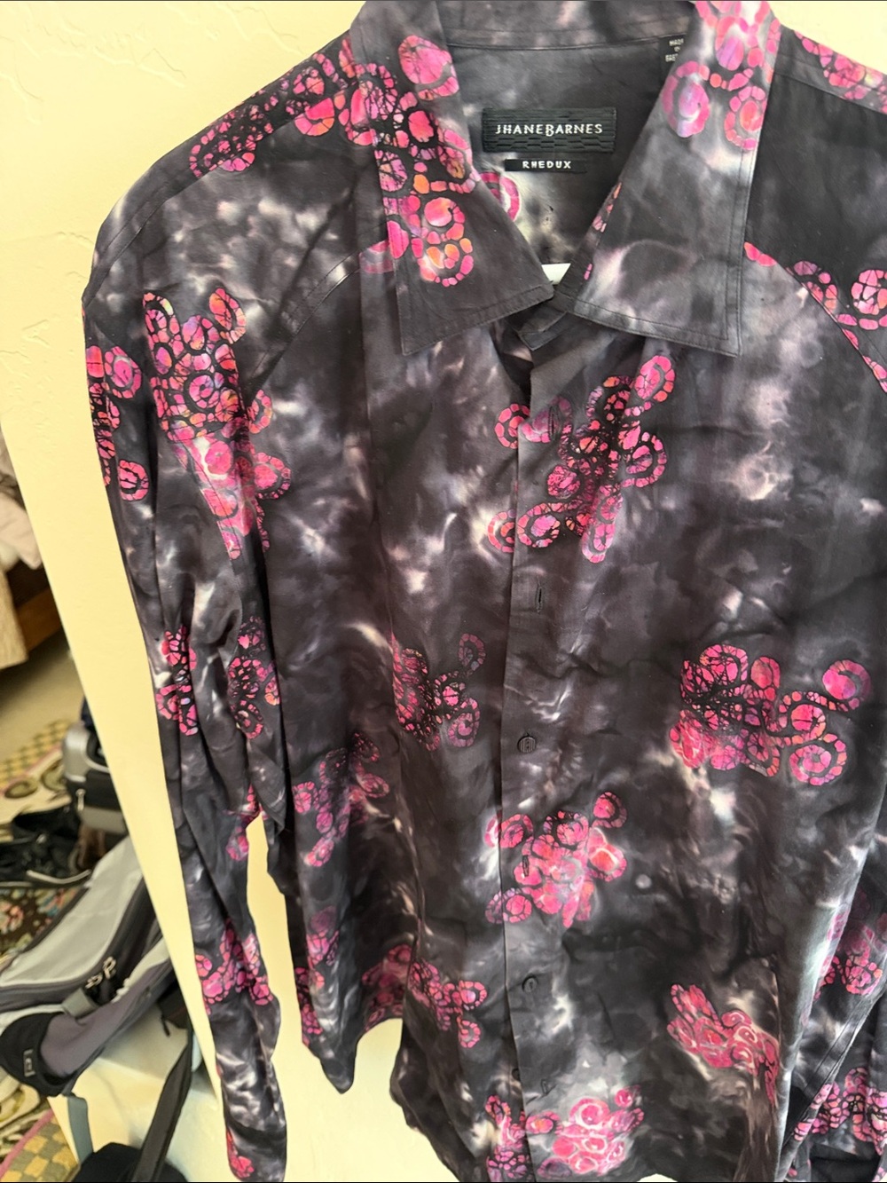 Jhane Barnes Black Button-Down Shirt with Pink Pattern